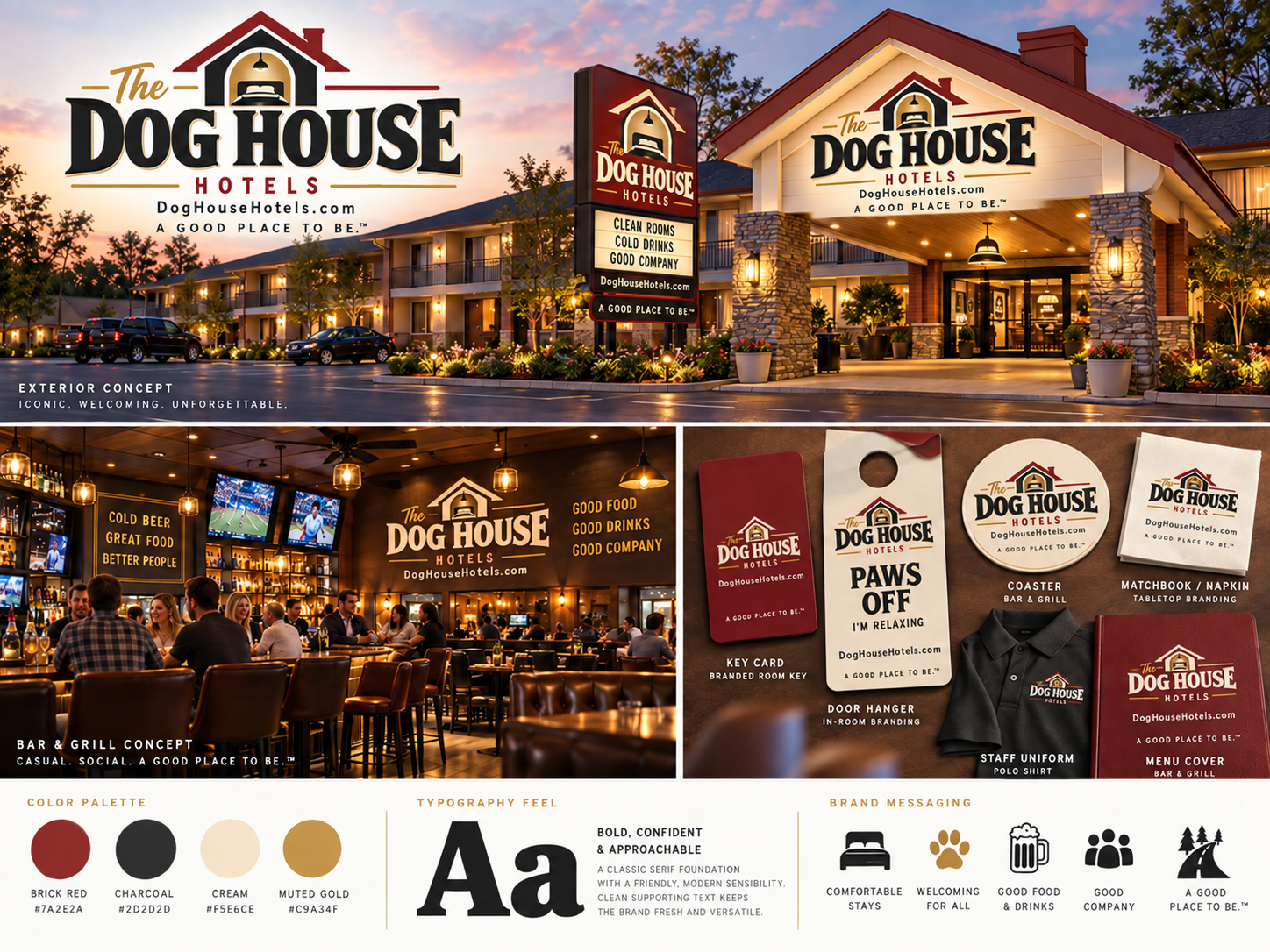 Illustration of a Dog House Hotels property, guest room and restaurant